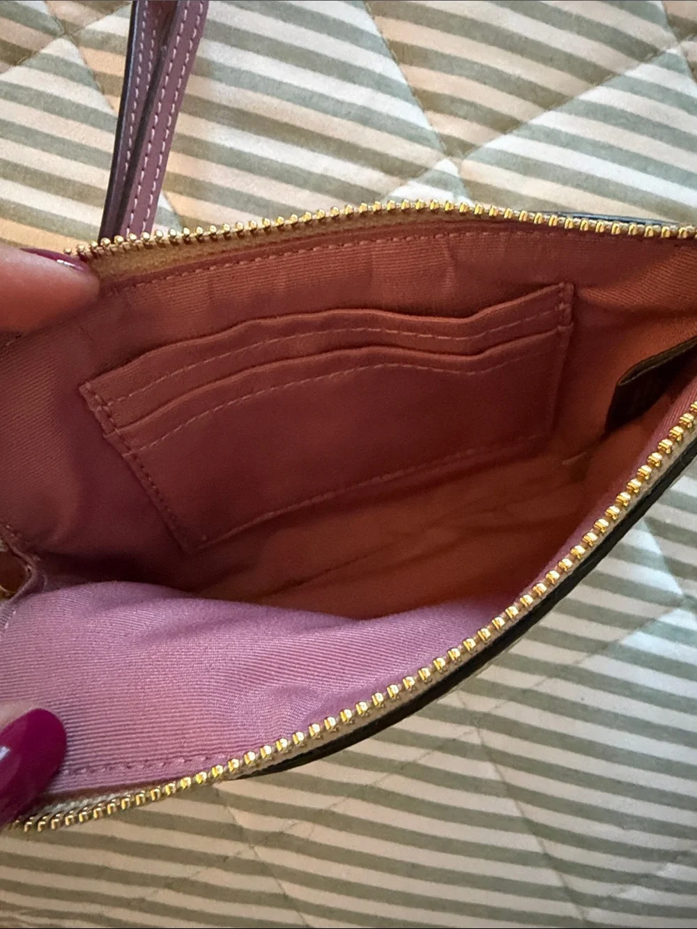Coach Khaki Canvas Wristlet with Pink Center Stripe
